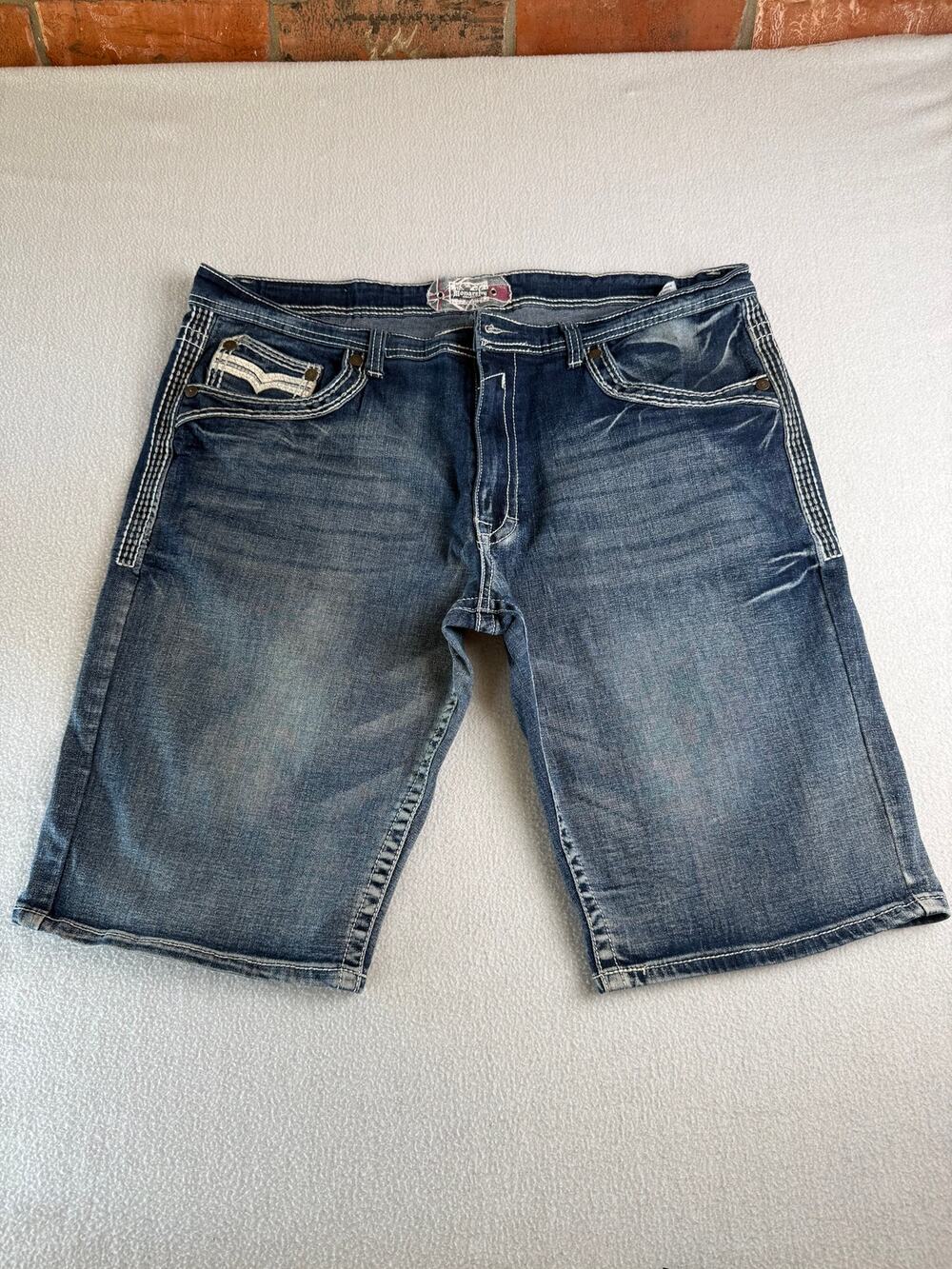 Monarchy Collection Men’s Size 40 Blue Denim Long Shorts Embroidered Distressed